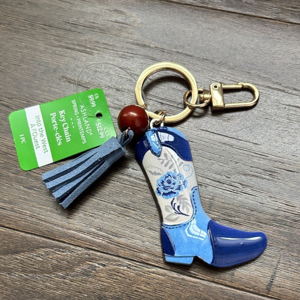 Ashland Western Boot,enameled metal keyring,bag charm,bead & tassel